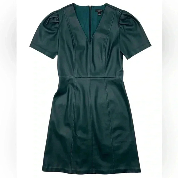 Ann Taylor Factory Short Sleeve Faux Leather Green V Neck Mini Dress 0P - Picture 1 of 12